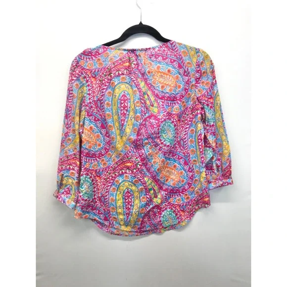 Lauren Ralph Lauren Blouse Women XS Pink Paisley Ruffle Top Long Sleeve Cotton - Picture 6 of 6